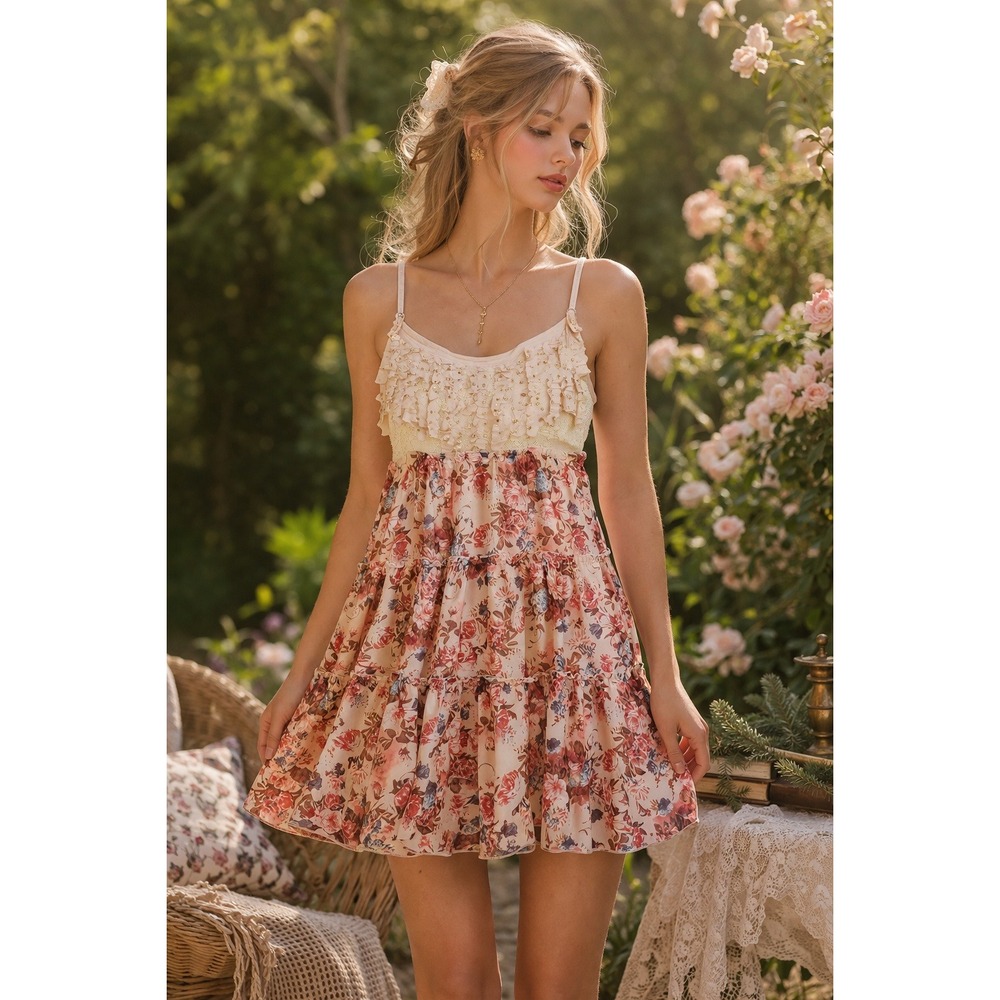 Cottagecore Ethereal Ruffle Floral Mini Dress Romantic Size S‎ Whimsical Fairy